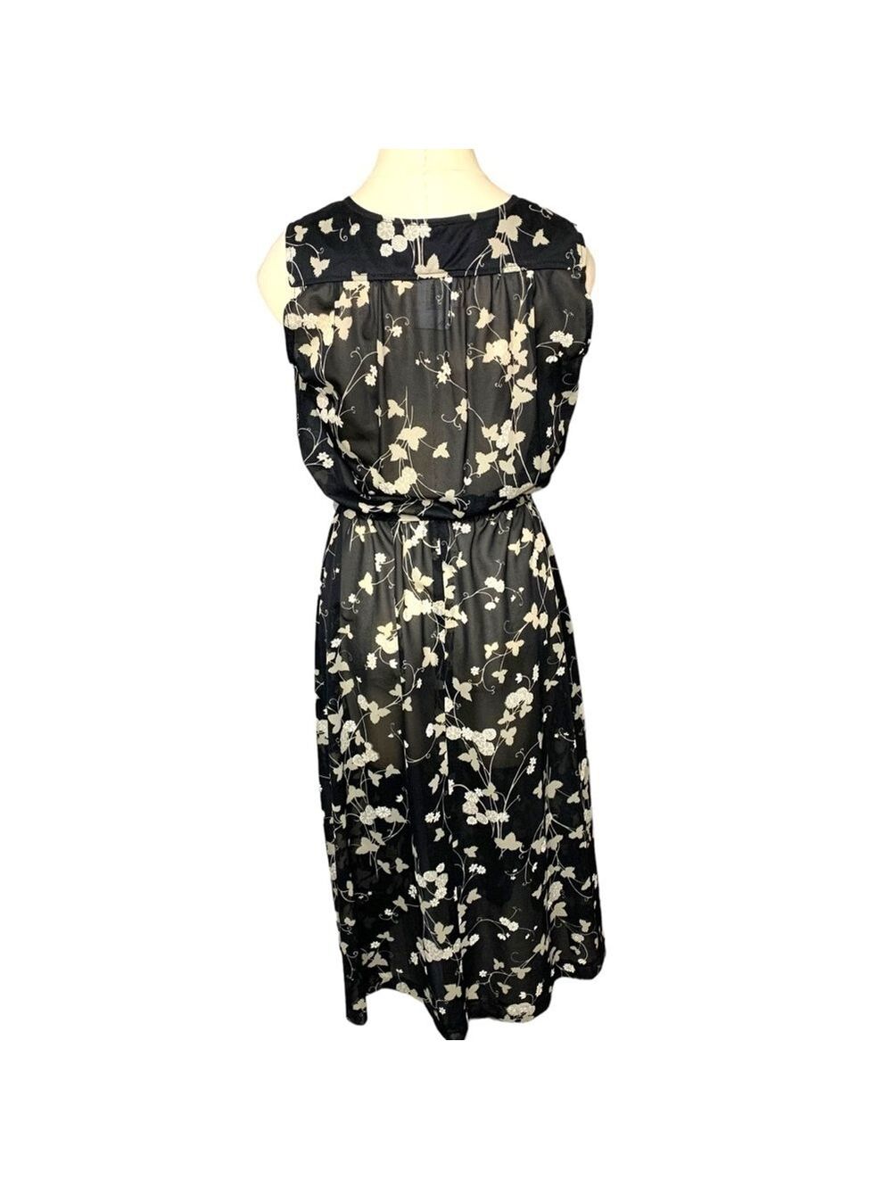 Vintage 70s Black Floral Sheer Midi Dress Sz10 (S-M) Belted Sleeveless Retro - Picture 3 of 11